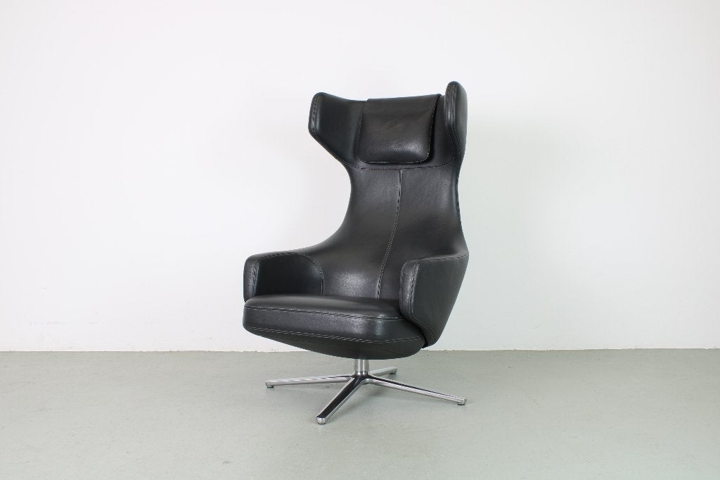 Vitra Grand Repos fauteuil, Asphalt/grijs leer, Gebruikt, Ophalen of Verzenden, 50 tot 75 cm, Leer