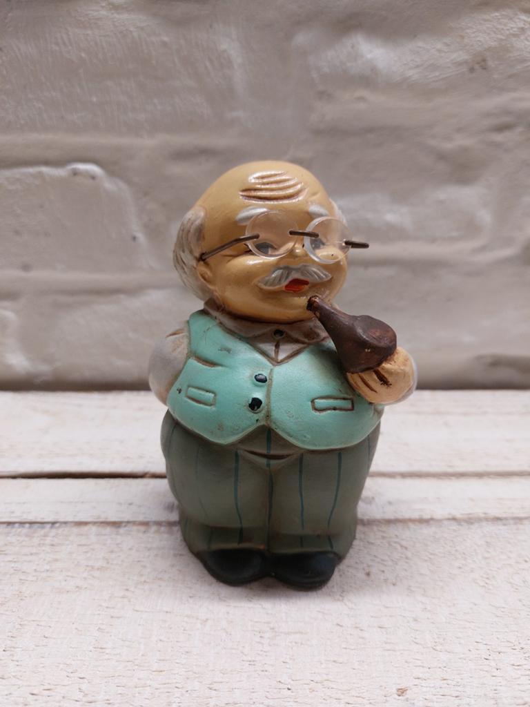 Vintage spaarpot oude man met pijp, Verzenden, Gebruikt, Steen, Aardewerk of Keramiek, Overige thema's