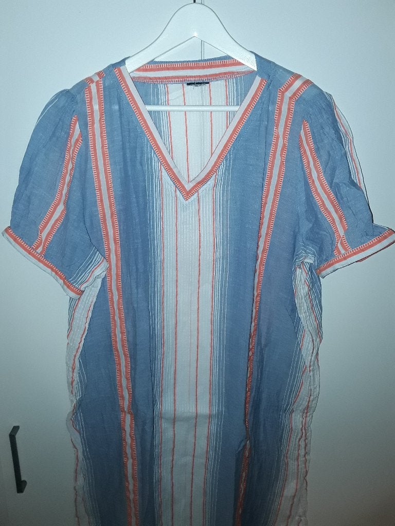 Ulla Popken Blauw/Wit/Rode Gestreepte Jurk Met V-hals Mt XL, Blauw, Maat 46/48 (XL) of groter, Ulla Popken, Ophalen of Verzenden