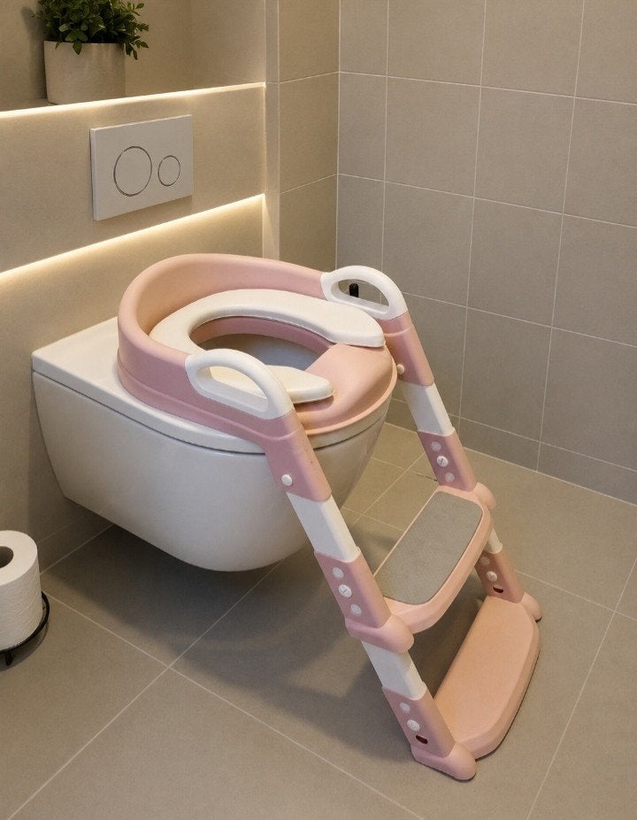 Roze toiletbril verkleiner met opstapje - Inklapbaar, Ophalen, Zo goed als nieuw