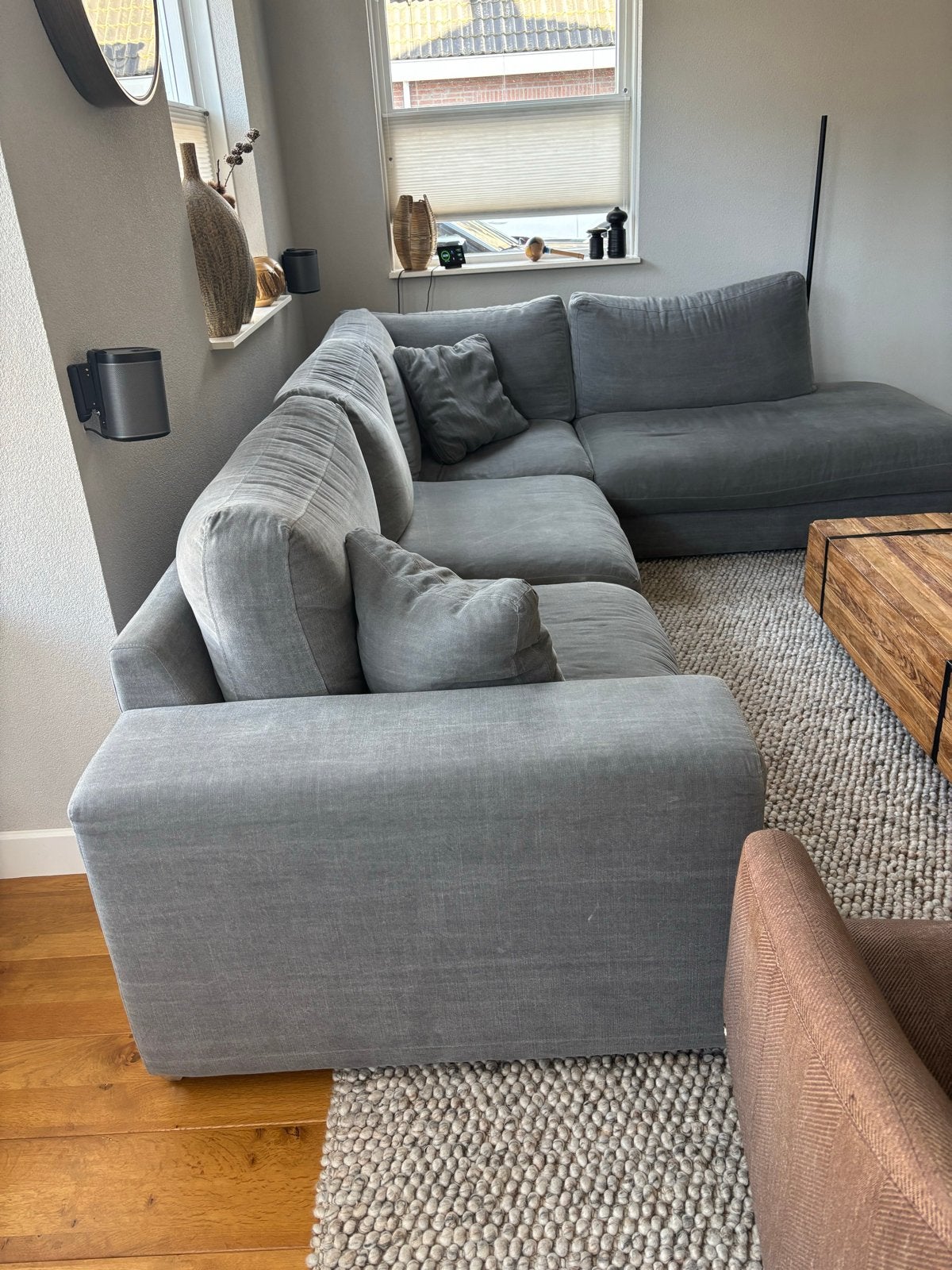 Grijze stoffen hoekbank met chaise longue - Pittsfield, Ophalen, Gebruikt, Stof