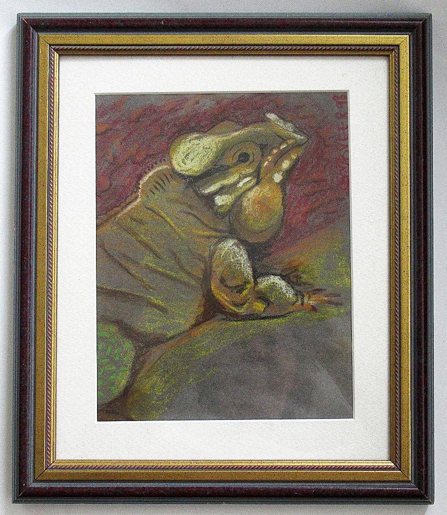 Schilderij ingelijste pasteltekening van een reptiel leguaan, Ophalen of Verzenden
