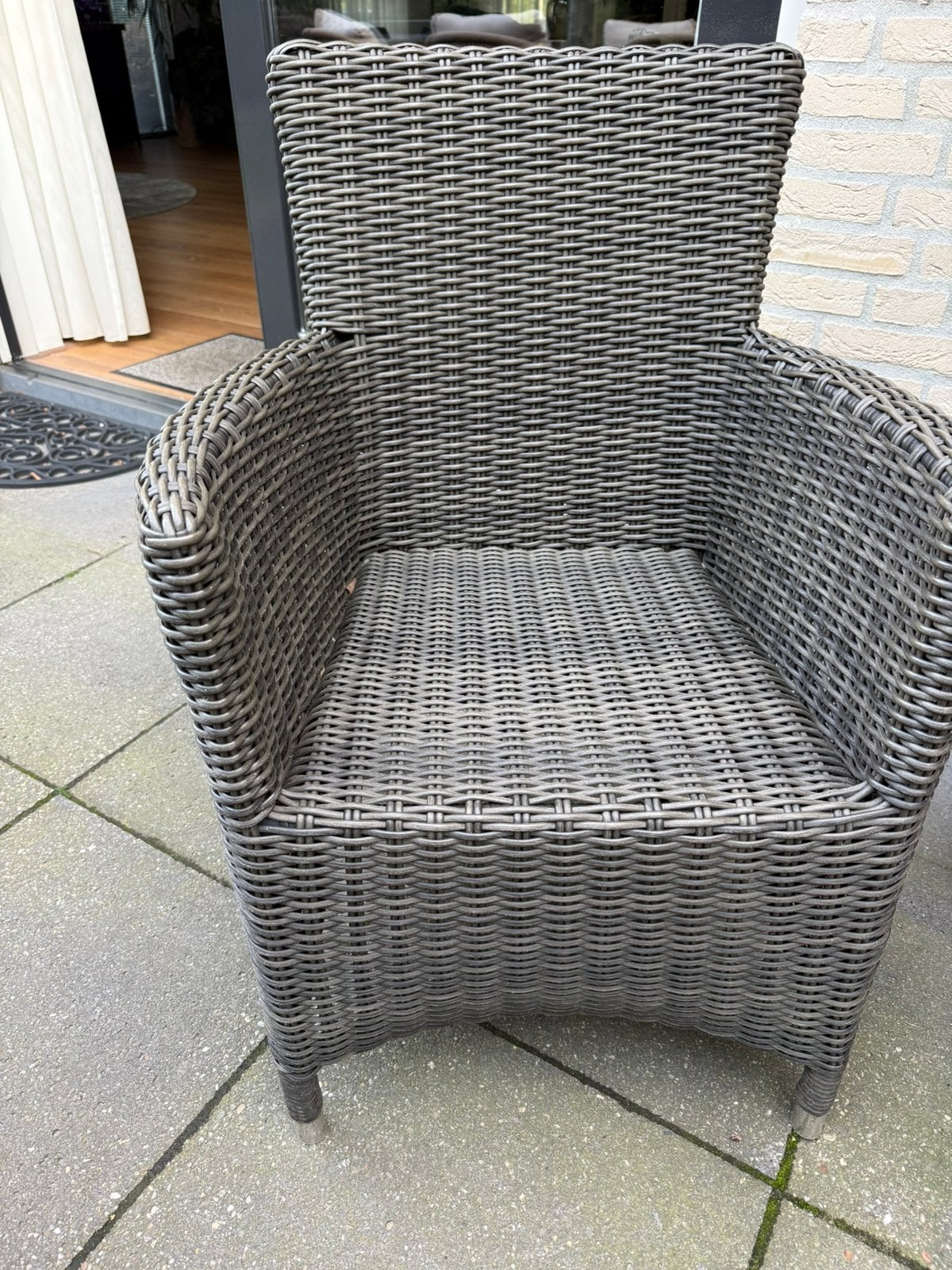 Mooie Teak houten buitentafel met 6 kunststof rieten stoelen, Tuin en Terras, Ophalen, Gebruikt, Eettafel, 6 zitplaatsen
