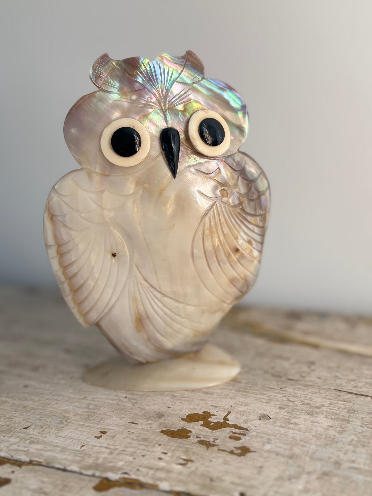 Vintage parelmoer uil beeldje – jaren 70, schelp, handmade, Antiek en Kunst, Ophalen of Verzenden
