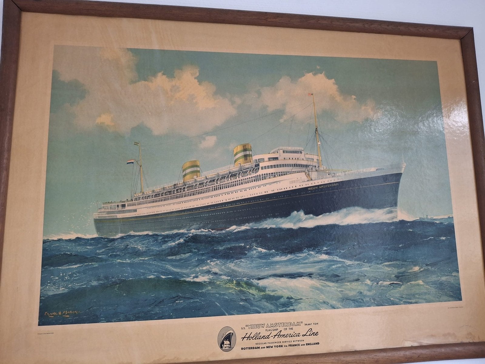 Originele poster passagiersschip Nieuw-Amsterdam, Ophalen, Gebruikt, Met lijst, Deurposter of groter