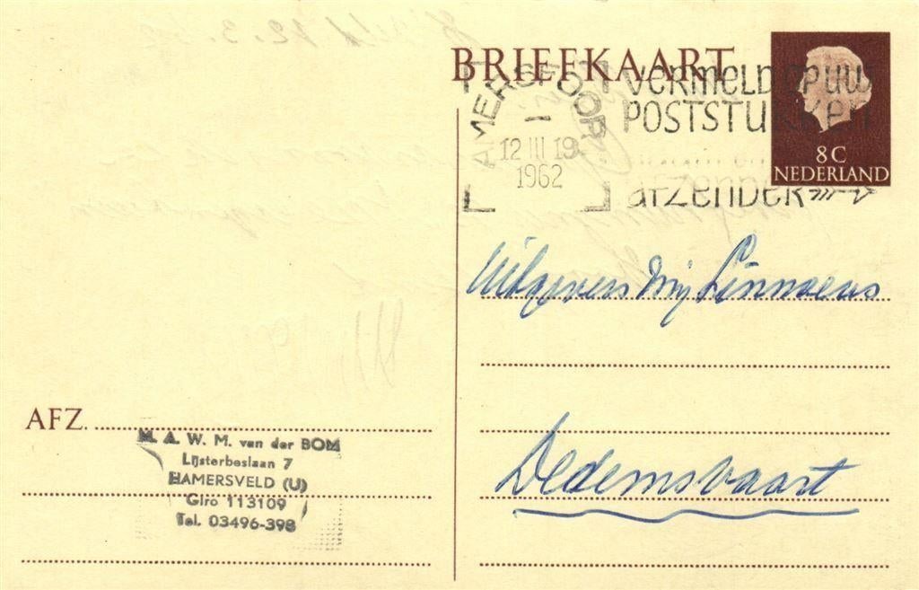 M.A.W.M. van der Bom, Hamersveld [U] - 03.1962 - briefkaart, Ophalen of Verzenden, Briefkaart