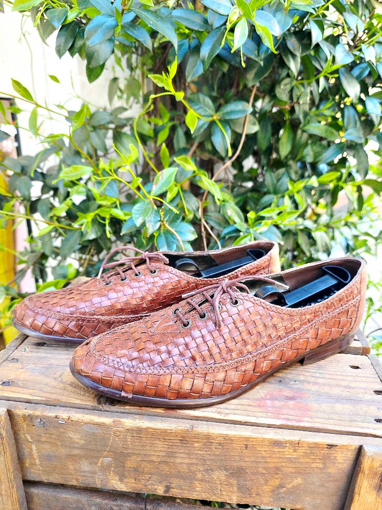 YV9578:Vintage 80s /90s Non Stop Woven Leather Oxfords Shoes, Bruin, Unknown, Ophalen of Verzenden, Espadrilles of Moccasins