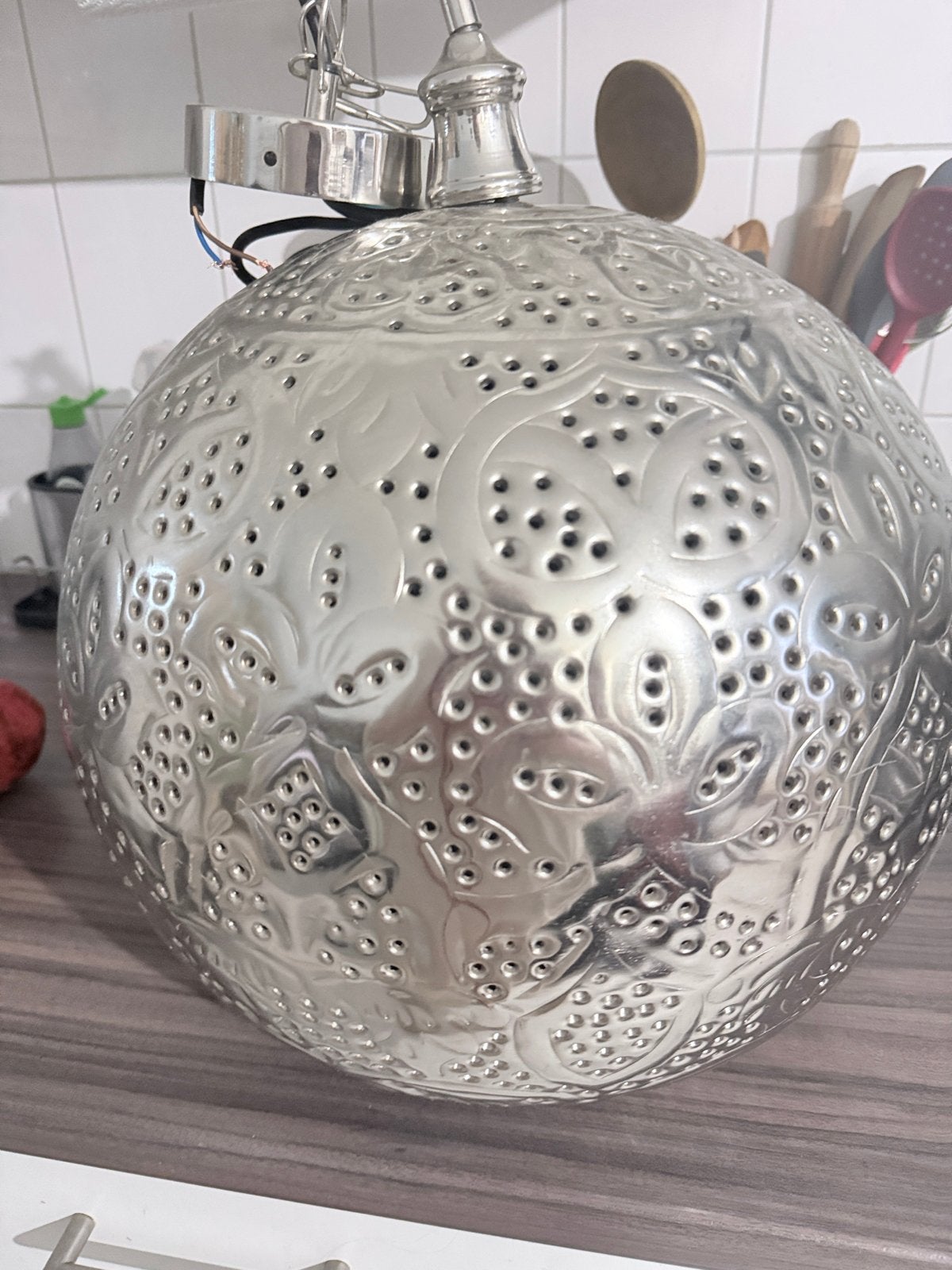 Oosterse metalen bol lamp - Indiaas/Marokkaans design, Ophalen, Gebruikt, Metaal, E27 (groot)