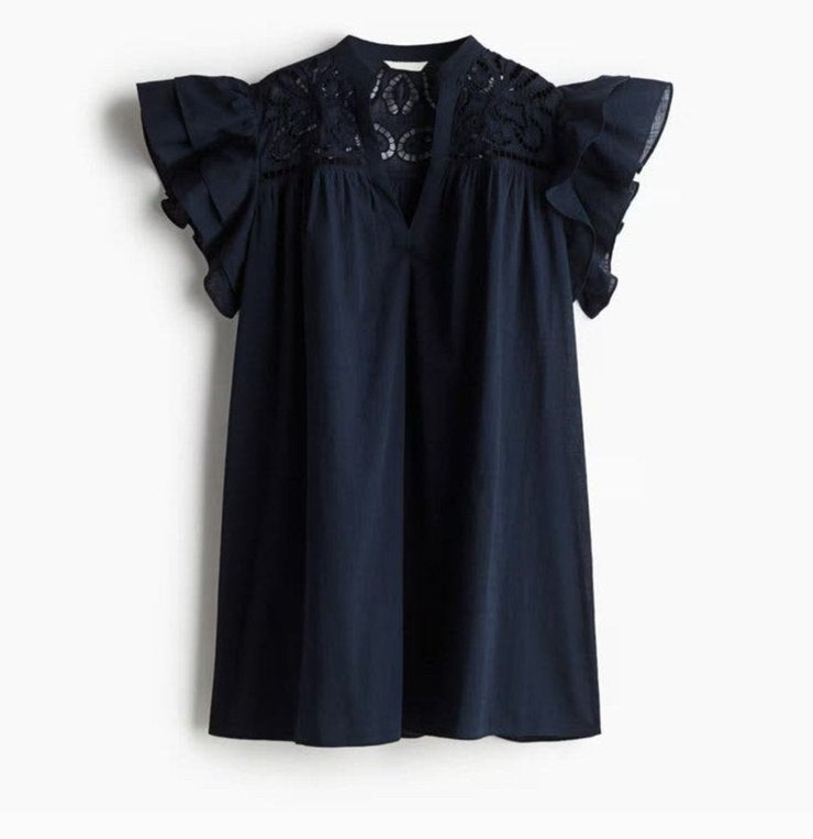 New- Marineblauw Jurk met Volatmouwtjes XL 100% koton, Kleding | Dames, Ophalen of Verzenden, Nieuw, Maat 46/48 (XL) of groter