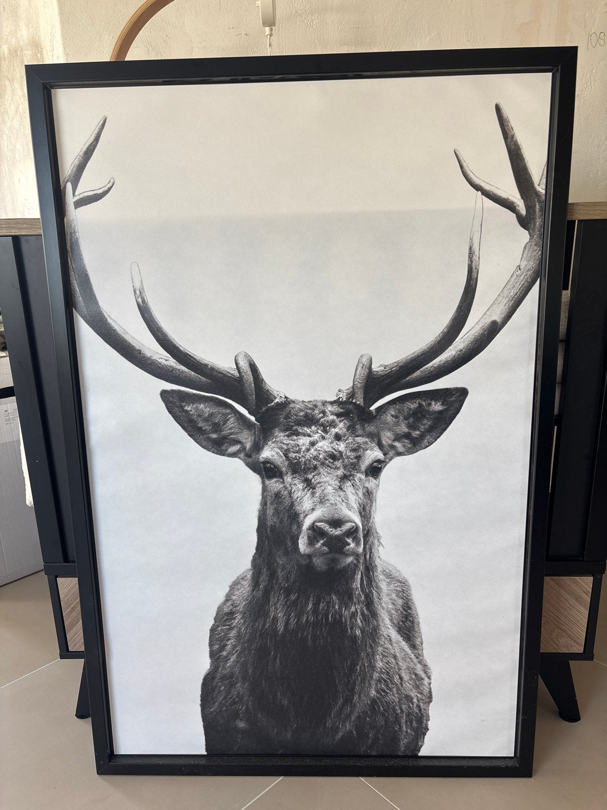 Hertenkop zwart-wit ingelijste print, Huis en Inrichting, Ophalen, 75 – 100, 50 tot 75 cm, Print