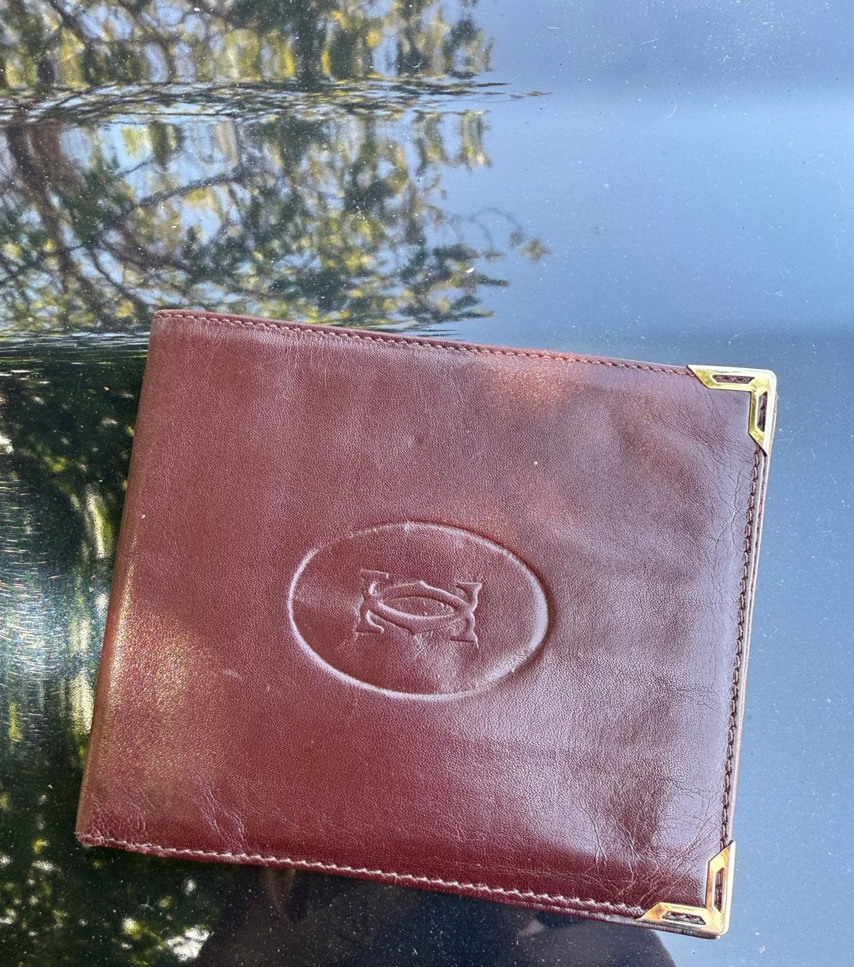 Vintage Cartier Portemonnee pasjeshouder bordeaux rood Leer, Sieraden, Tassen en Uiterlijk, Portemonnees, Overige merken, Bruin