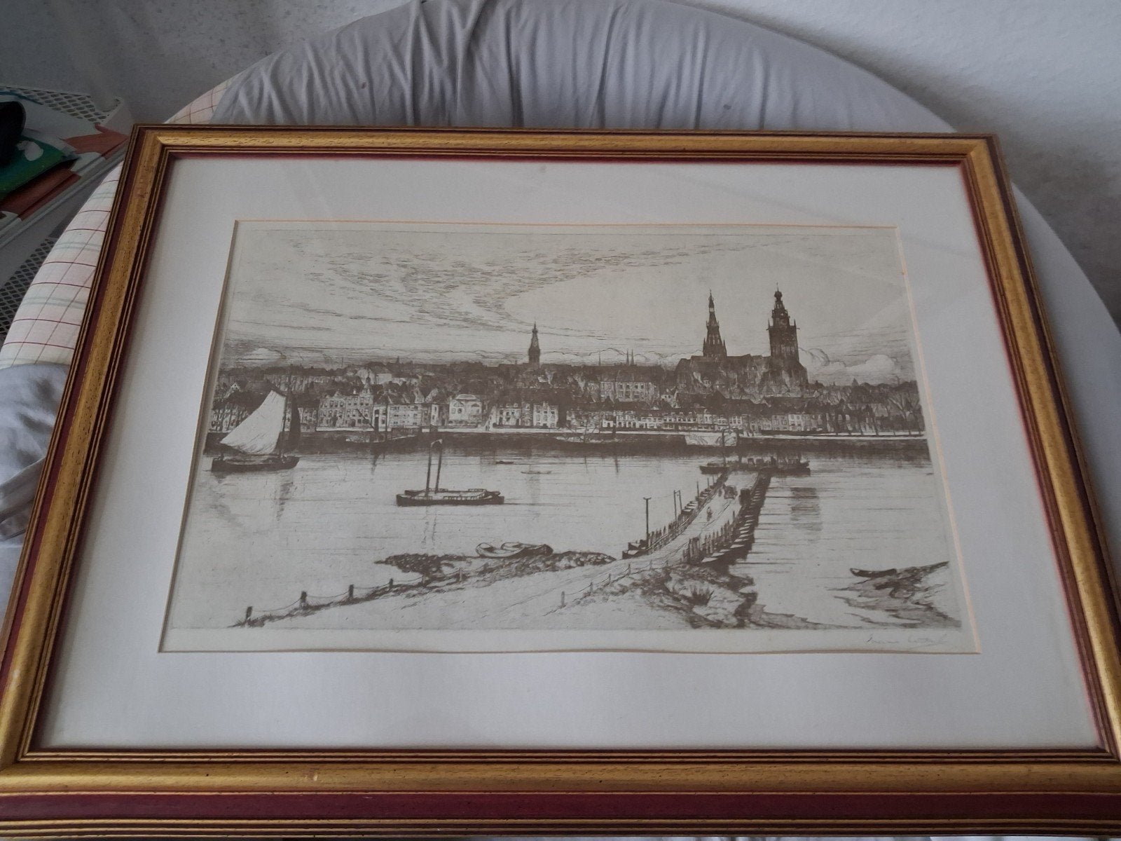 Schilderij"Gezicht op Nijmegen",Eugène Lücker, Antiek en Kunst, Ophalen of Verzenden, Tekening, Ingelijst