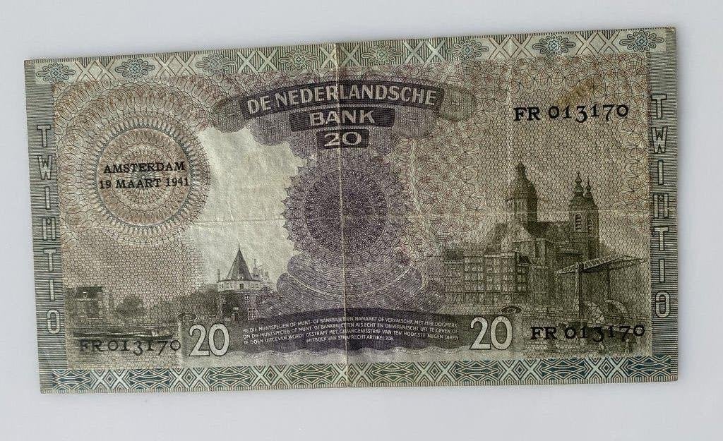 20 Gulden biljet 1941 (Koningin Emma) - serienr FR 013170, Ophalen of Verzenden, 25 gulden, Los biljet
