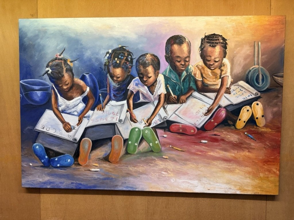 261064 - Large 135x90 cm African painting learning children, Ophalen of Verzenden