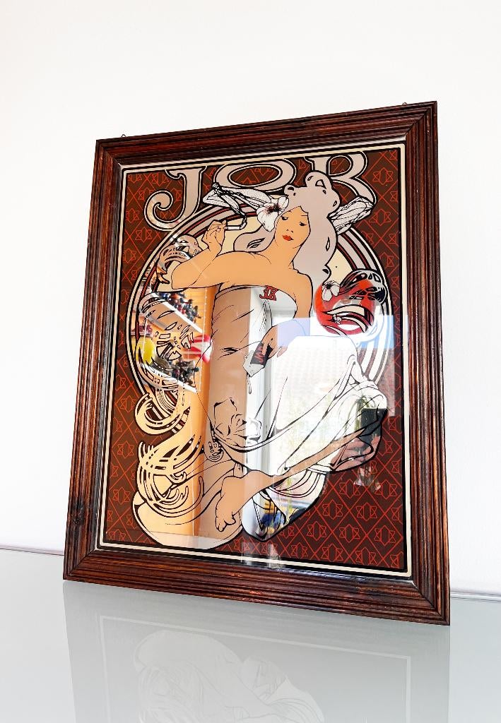Grote vintage Mucha Job Cigarettes spiegel, Ophalen of Verzenden, Gebruikt, Rechthoekig, Minder dan 100 cm
