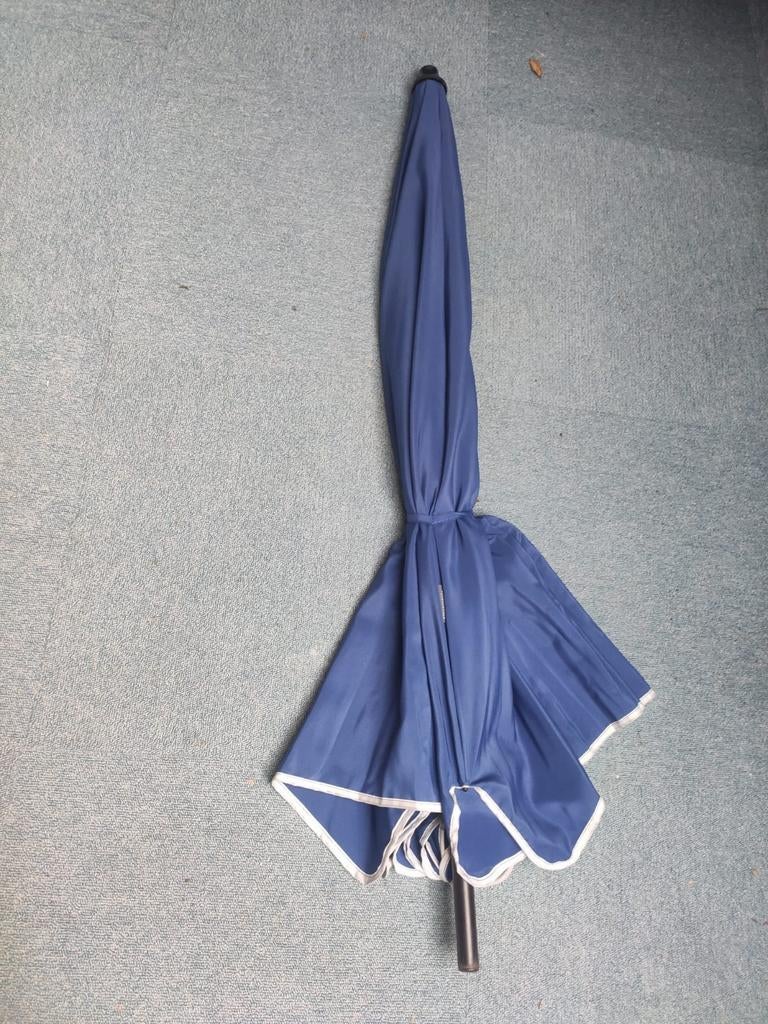 Vintage retro Parasol 2 mtr. doorsnee blauw voet beton, Ophalen, Gebruikt, 1 tot 2 meter, Stokparasol