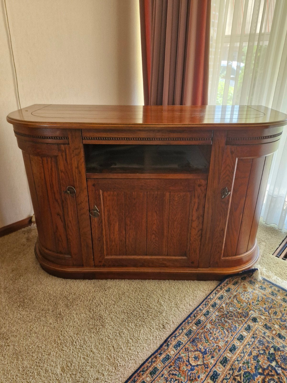 Massief eiken dressoir/tv-meubel met opbergruimte, Ophalen, Gebruikt, 100 tot 150 cm, Klassiek