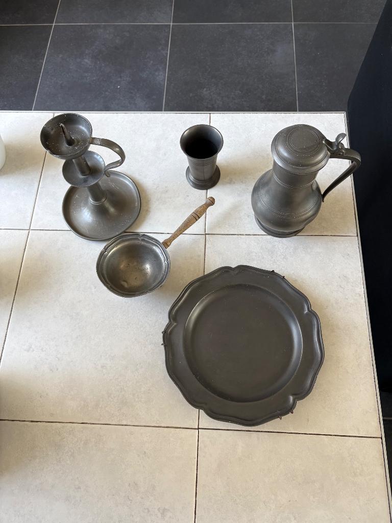 Tinnen kan , beker, kandelaar, Ophalen of Verzenden