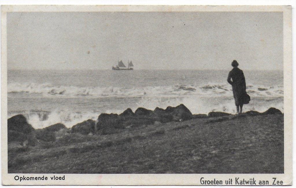 Katwijk aan Zee Opkomende Vloed ansichtkaart B7357 uit 1947, Ophalen of Verzenden, 1940 tot 1960, Gelopen, Zuid-Holland