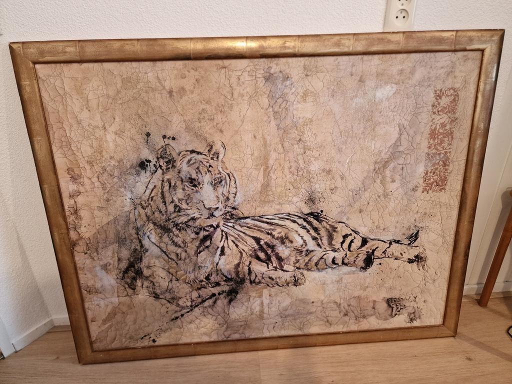 Schilderij van tijger 100 x 130 cm, Ophalen, 125 cm of meer, Schilderij, 75 cm of meer