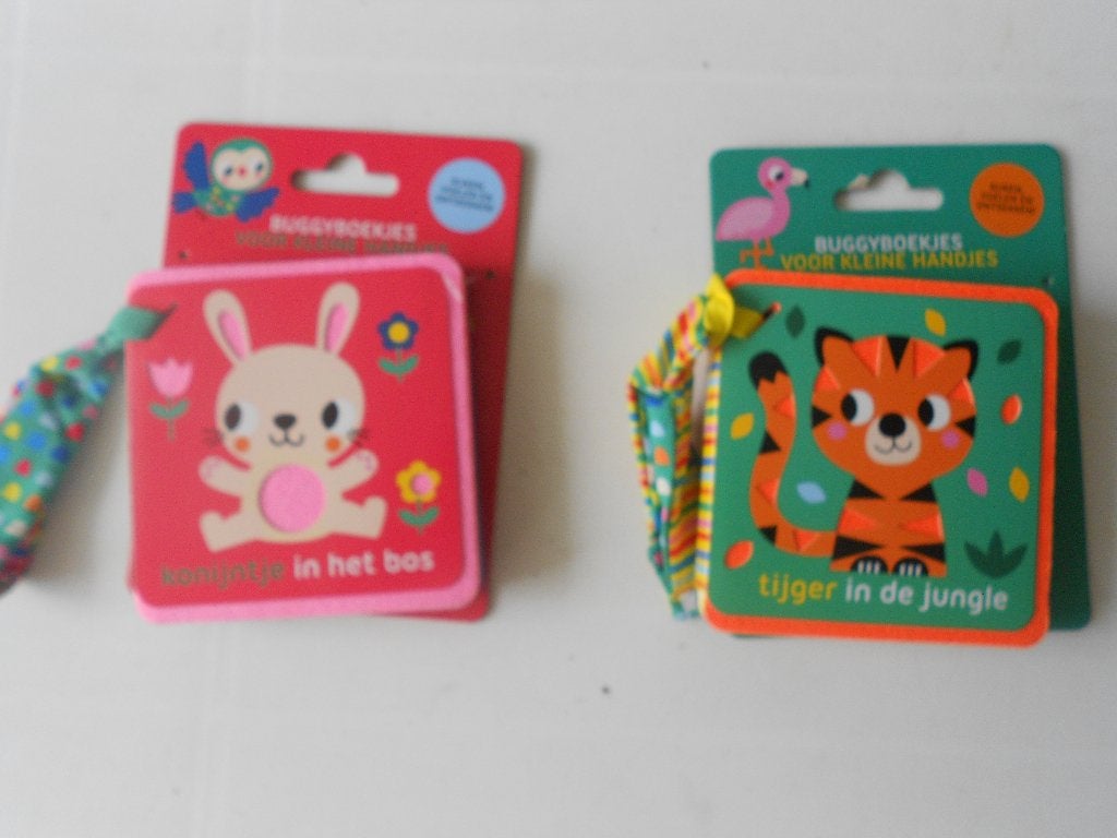 2 buggy boekjes met stevige lus konijntje en tijger z.g.a.n., Ophalen, Imagebooks, 0 tot 6 maanden, Zo goed als nieuw
