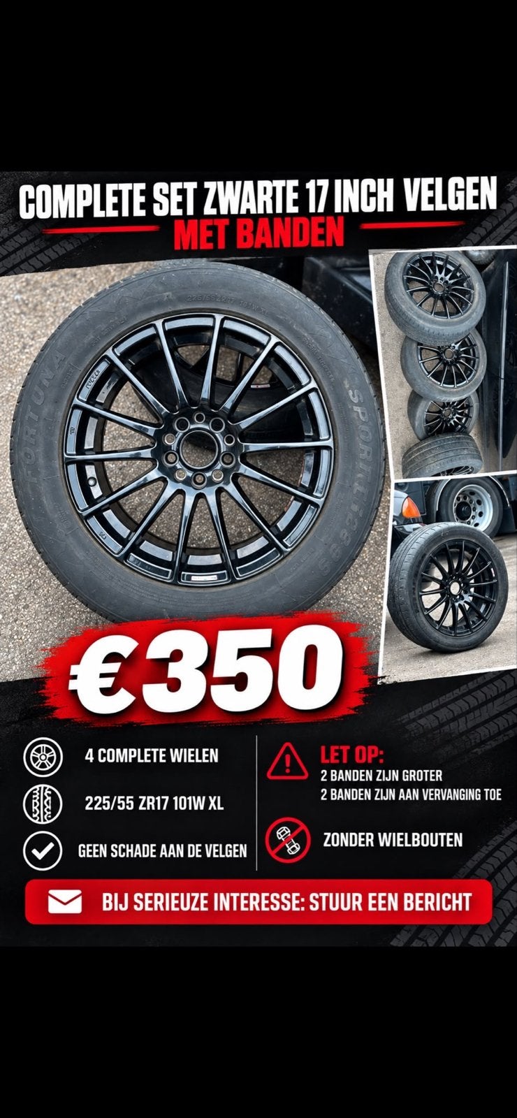 Complete set zwarte 17 inch velgen met banden, Ophalen, Gebruikt, Banden en Velgen, 17 inch