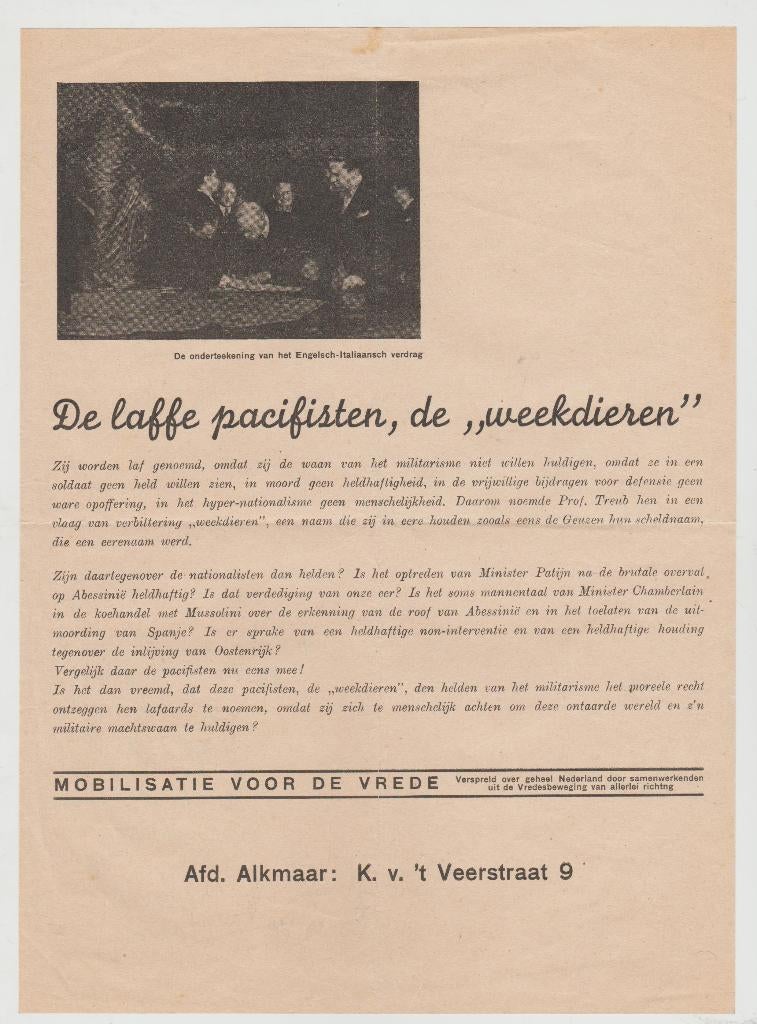 mobilisatie voor de vrede afd. alkmaar engels italie verdrag, Verzamelen, Ophalen of Verzenden, 1920 tot 1940, Nederland, Knipsel(s)