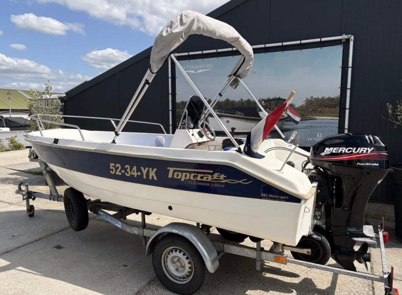 Topcraft 435 incl. trailer en alle opties, Ophalen, Gebruikt, Buitenboordmotor, Biminitop