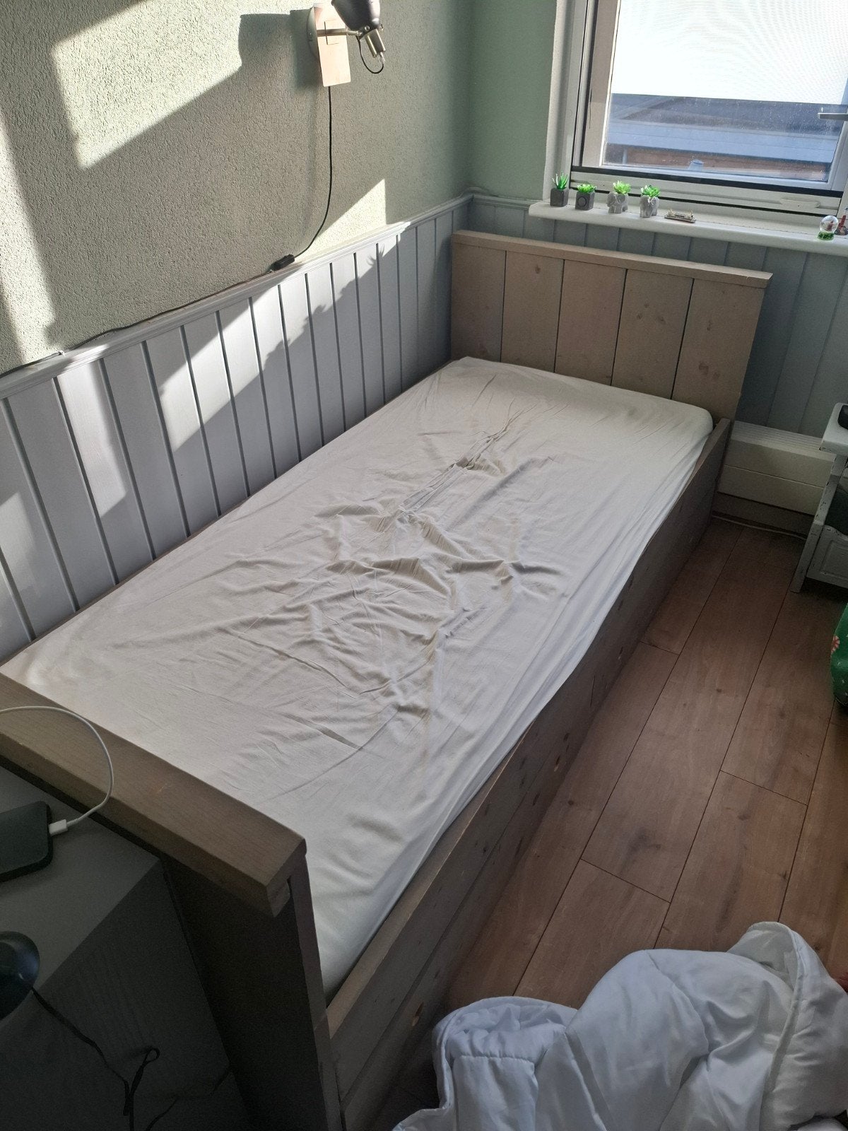 Steigerhout eenpersoonsbed, Ophalen, Gebruikt, 90 cm, Eenpersoons