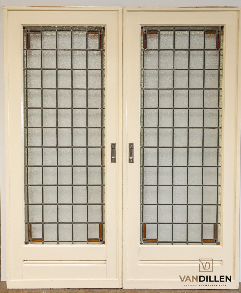 Antieke ensuite schuifdeuren glas in lood 210.5 x 87, 120 cm of meer, Binnendeur, Ophalen of Verzenden, Zo goed als nieuw
