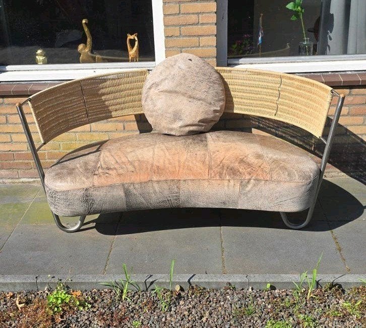 Vintage rotan bankje met leren zitting, Antiek en Kunst, Antiek | Meubels | Stoelen en Banken, Ophalen