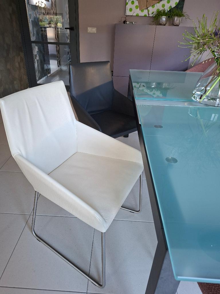 6 leren eetkamerstoelen, design on stock, Huis en Inrichting, Stoelen, Ophalen, Wit, Leer, Zo goed als nieuw