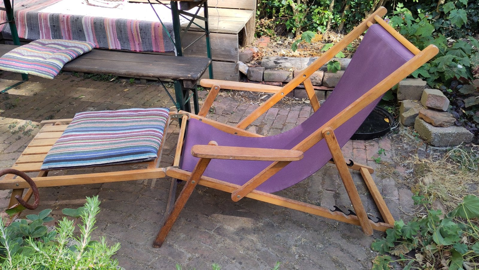 Houten strandstoel met voetenbank, Ophalen, Zo goed als nieuw, Hout