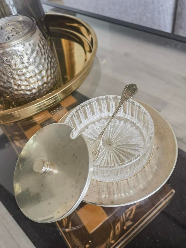 Vintage Kristallen Boterpot 10 cm met Zilveren Lepel, Ophalen of Verzenden, Zilver