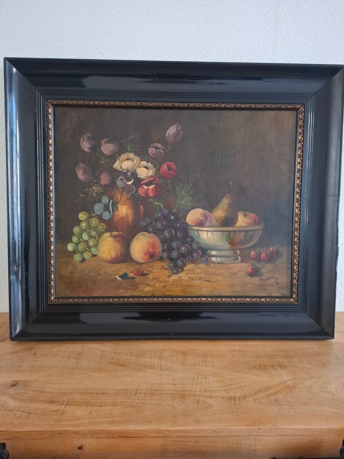Klassiek stilleven met bloemen en fruit, olieverf, Ophalen
