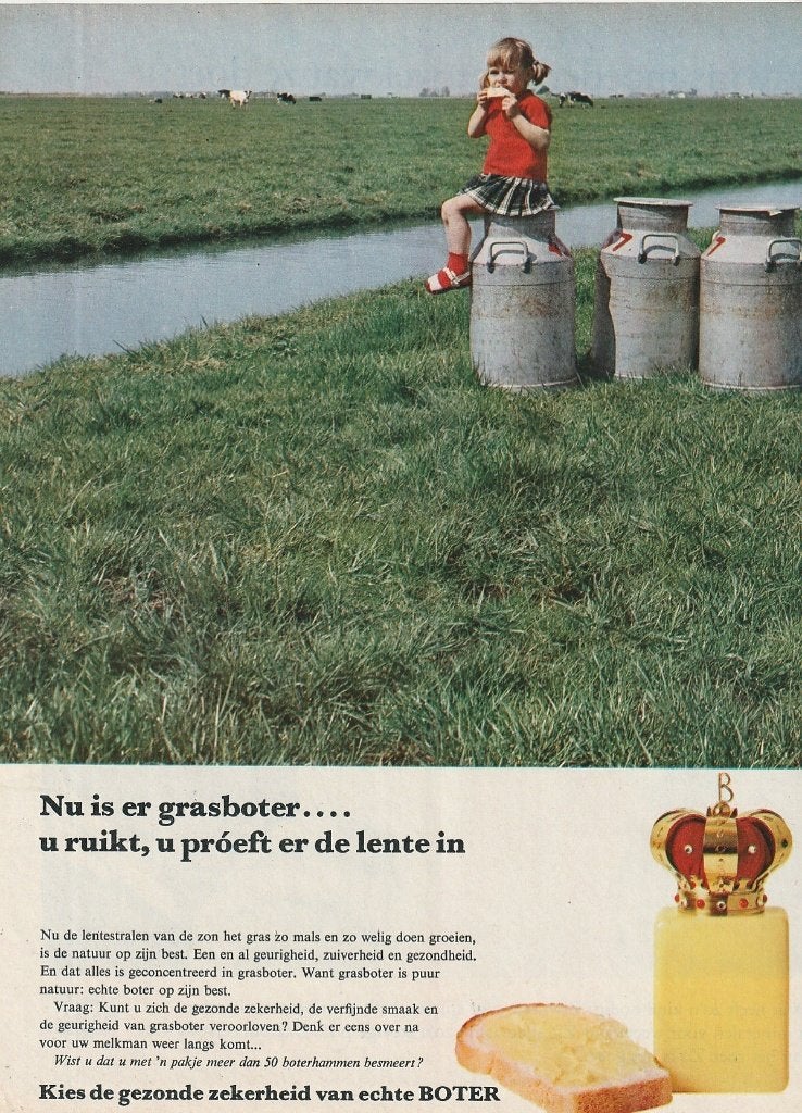Retro reclame 1966 Boter zuivel grasboter melkbussen, Verzenden, Overige typen