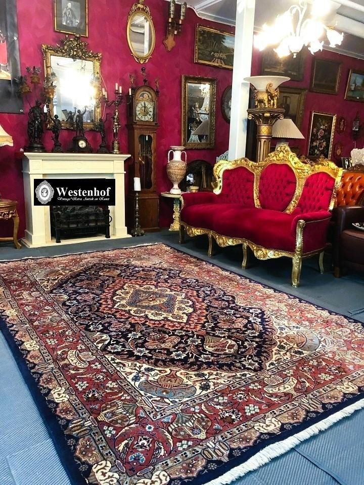 Perzisch tapijt handgeknoopt Kashmar met zijde vloerkleed, Gebruikt, Blauw, 200 cm of meer, Ophalen of Verzenden