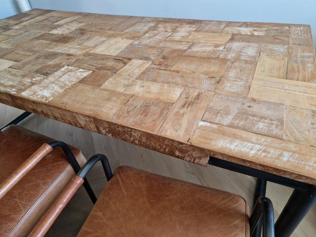Unieke eettafel industrieel teak/ zware kwaliteit, Huis en Inrichting, Ophalen, 150 tot 200 cm, Teakhout, 200 cm of meer