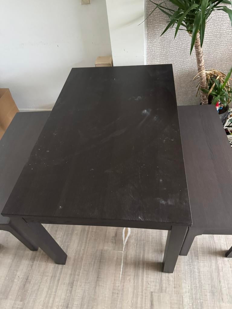 Uitschuifbare tafel met bankjes, Huis en Inrichting, Ophalen, Gebruikt, 100 tot 150 cm, 50 tot 100 cm