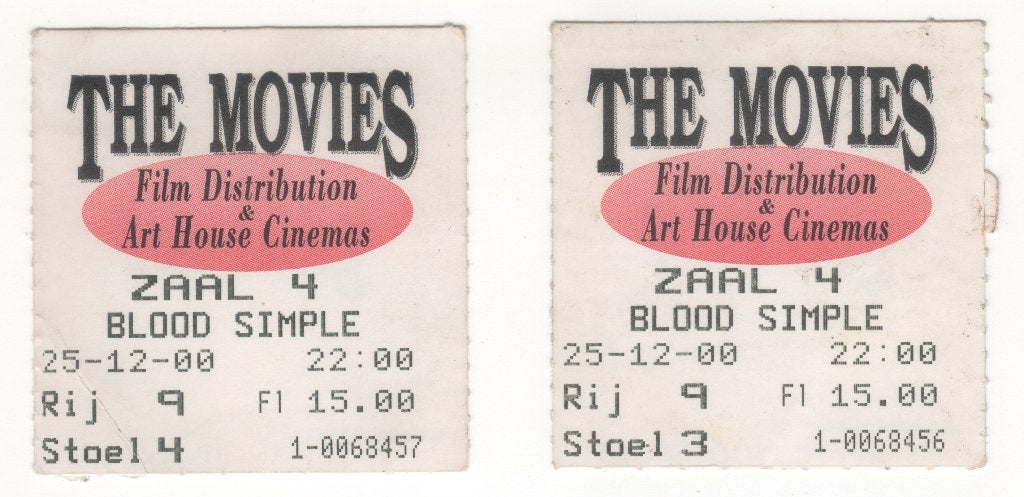 2 bioscoopkaartjes Blood Simple 2000 (TK 14), Ophalen of Verzenden, Zo goed als nieuw