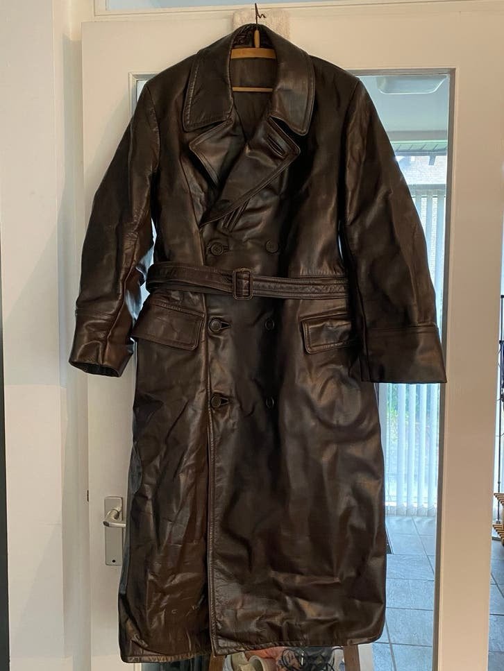 Leren trenchcoat / motorjas - Groli kleding, Ophalen, Gedragen, Maat 52/54 (L), Bruin