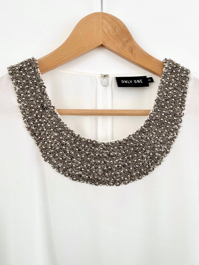 Witte tuniek blouse met kralenkraag - maat 42 / XL, Ophalen of Verzenden, Zo goed als nieuw, Maat 42/44 (L), Wit