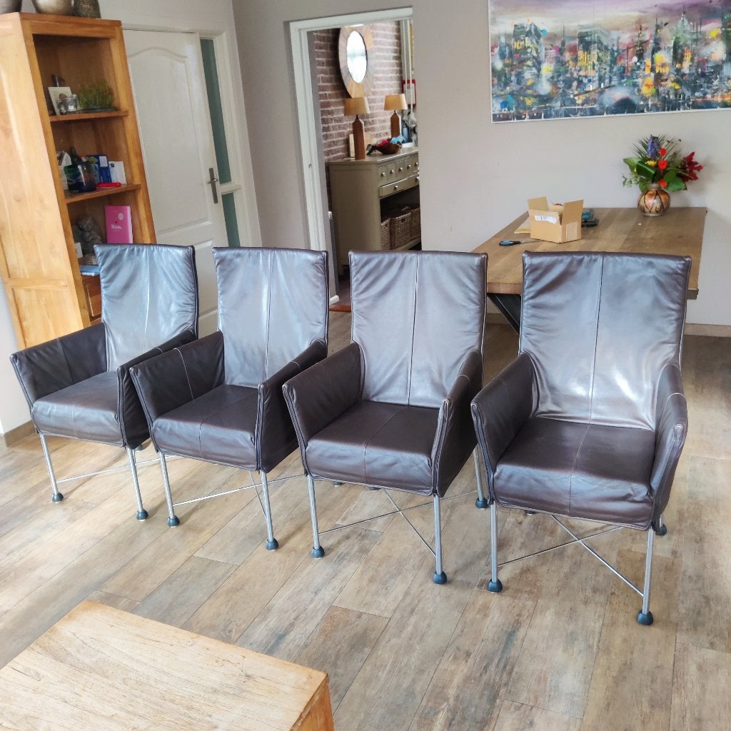 4x Montis Chaplin Premium Leder Chroom Origineel Designstoel, Bruin, Ophalen of Verzenden, Zo goed als nieuw, Vier