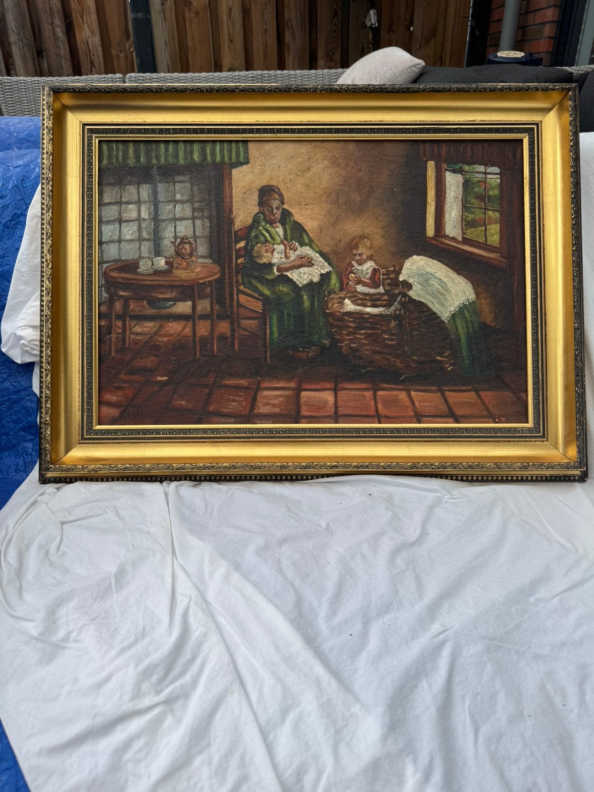Schilderij op doek gesigneerd, Antiek en Kunst, Ophalen, Doek, Portret of Personen, Bijzondere lijst