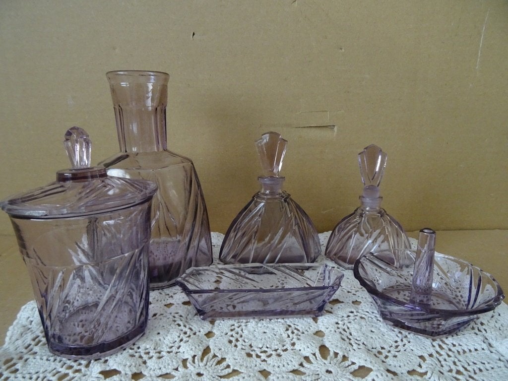 Vintage Art deco stijl glazen toiletset kaptafel set 9-delig, Antiek en Kunst, Ophalen of Verzenden