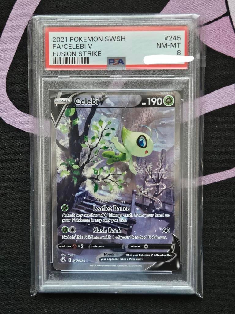 Pokemon Celebi V 245/264 Fusion Strike PSA 8 NM, Ophalen of Verzenden, Zo goed als nieuw, Losse kaart, Foil