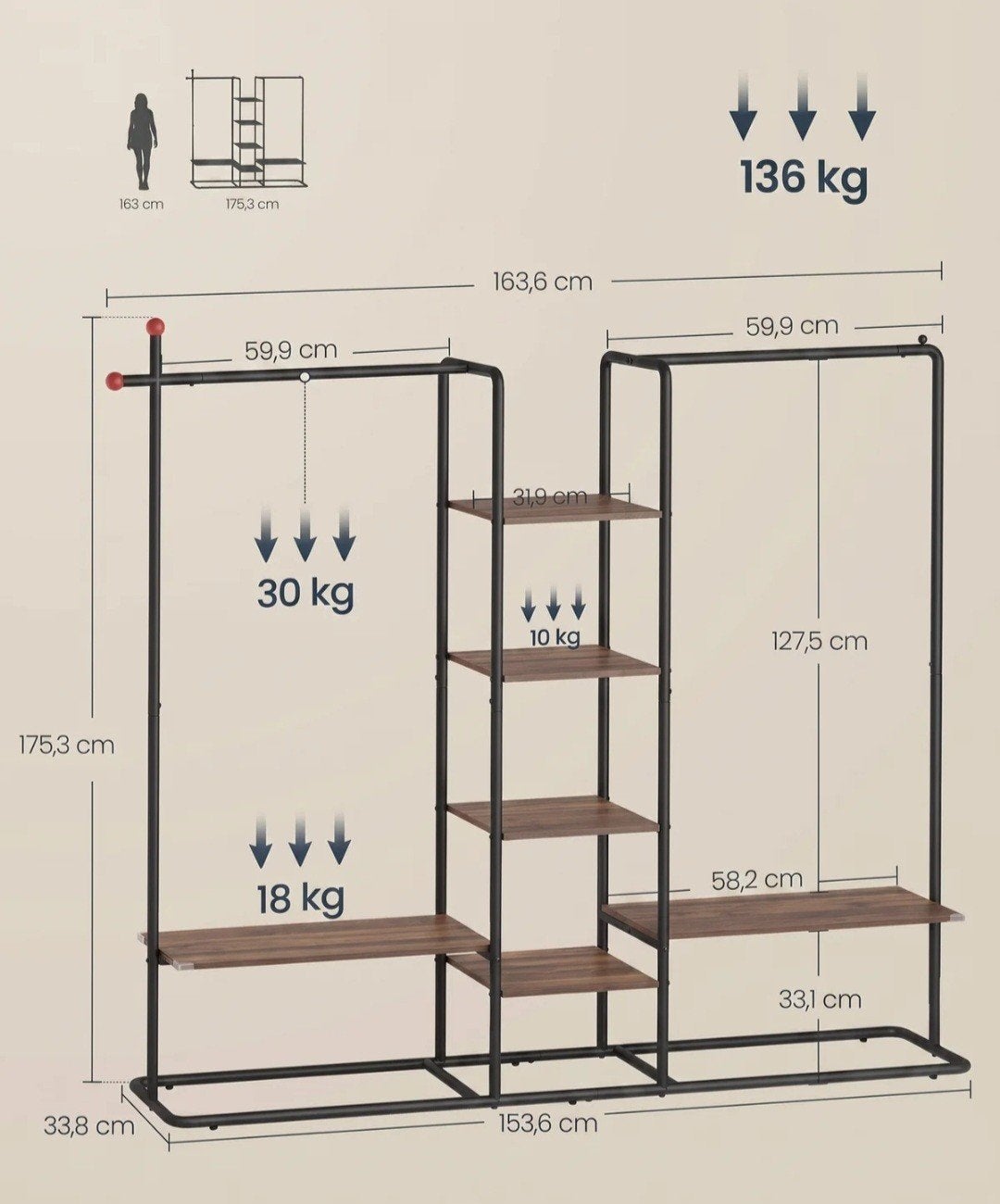 Songmics open warderobe ongeopend, Ophalen, Eenpersoons, Overige typen, 190 cm of minder