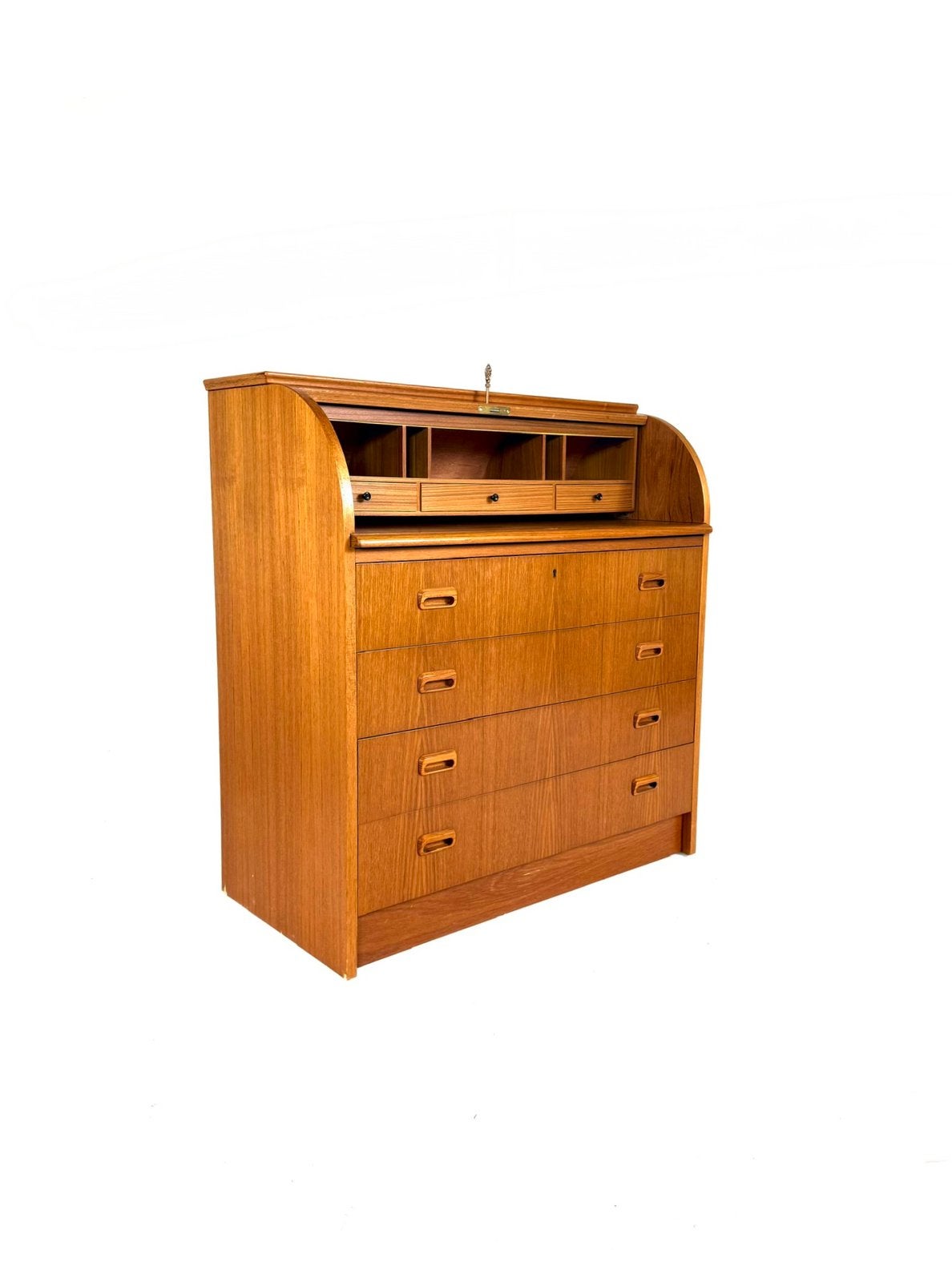 Vintage Deense teakhouten rol-top secretaire  ‘60, Huis en Inrichting, Kasten | Secretaires, Vintage retro buisframe design rotan webbing papercord deens