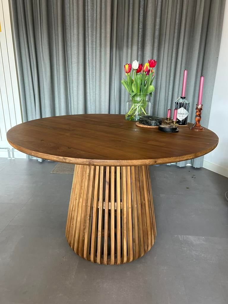 Teak houten ronde eettafel 120cm, Huis en Inrichting, Tafels | Eettafels, Ophalen, Zo goed als nieuw, Vier personen, 100 tot 150 cm