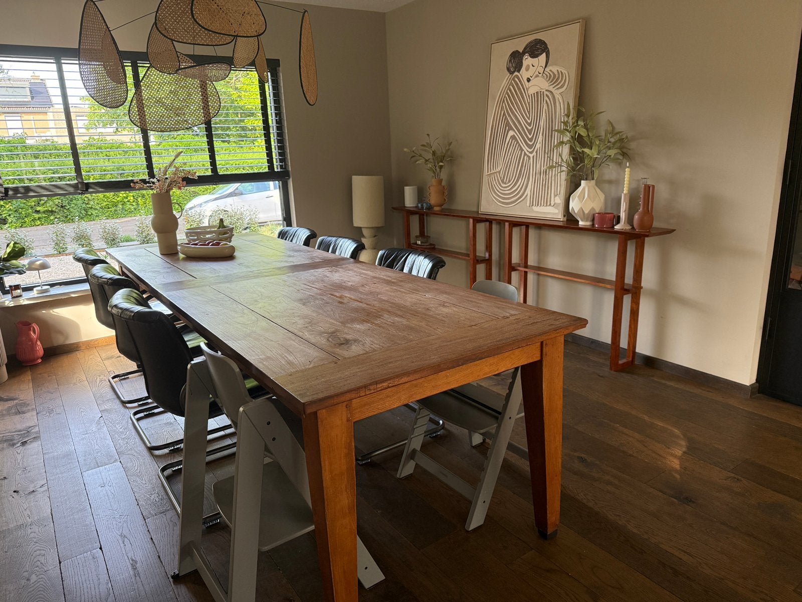 Robuuste massief houten tafel – 300cm x 100cm x 77cm, Huis en Inrichting, Tafels | Eettafels, Ophalen, Gebruikt, 200 cm of meer